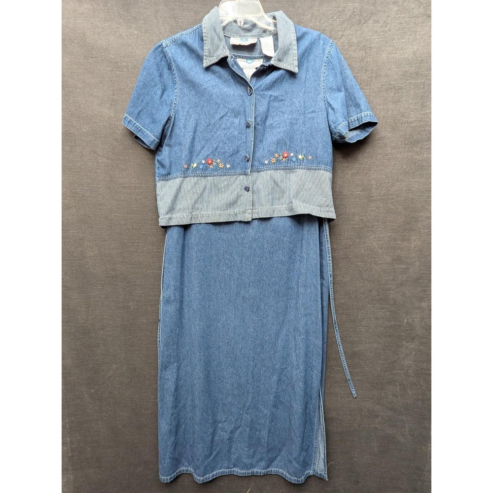 Vtg True Blue Denim Cotton Tank Dress/Button Up Shirt Floral Embroidery Size M